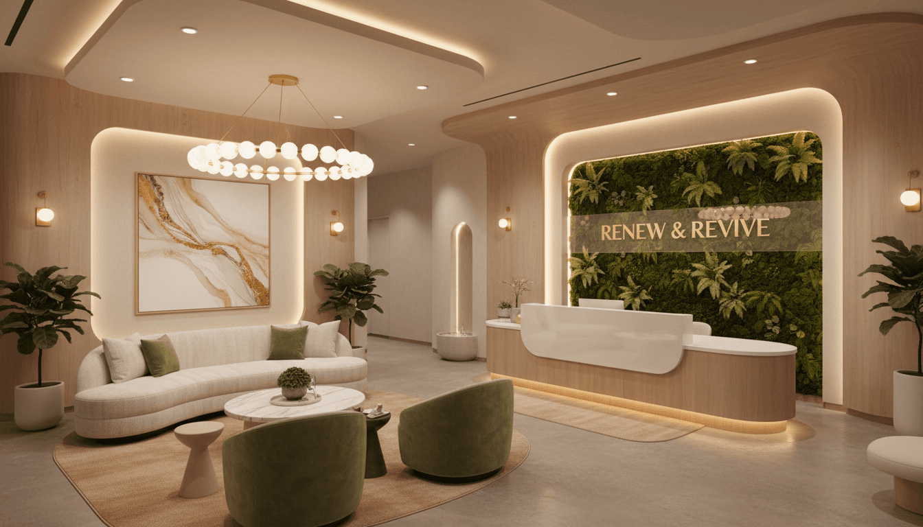 Modern medspa interior with professional reception desk and warm welcoming lighting