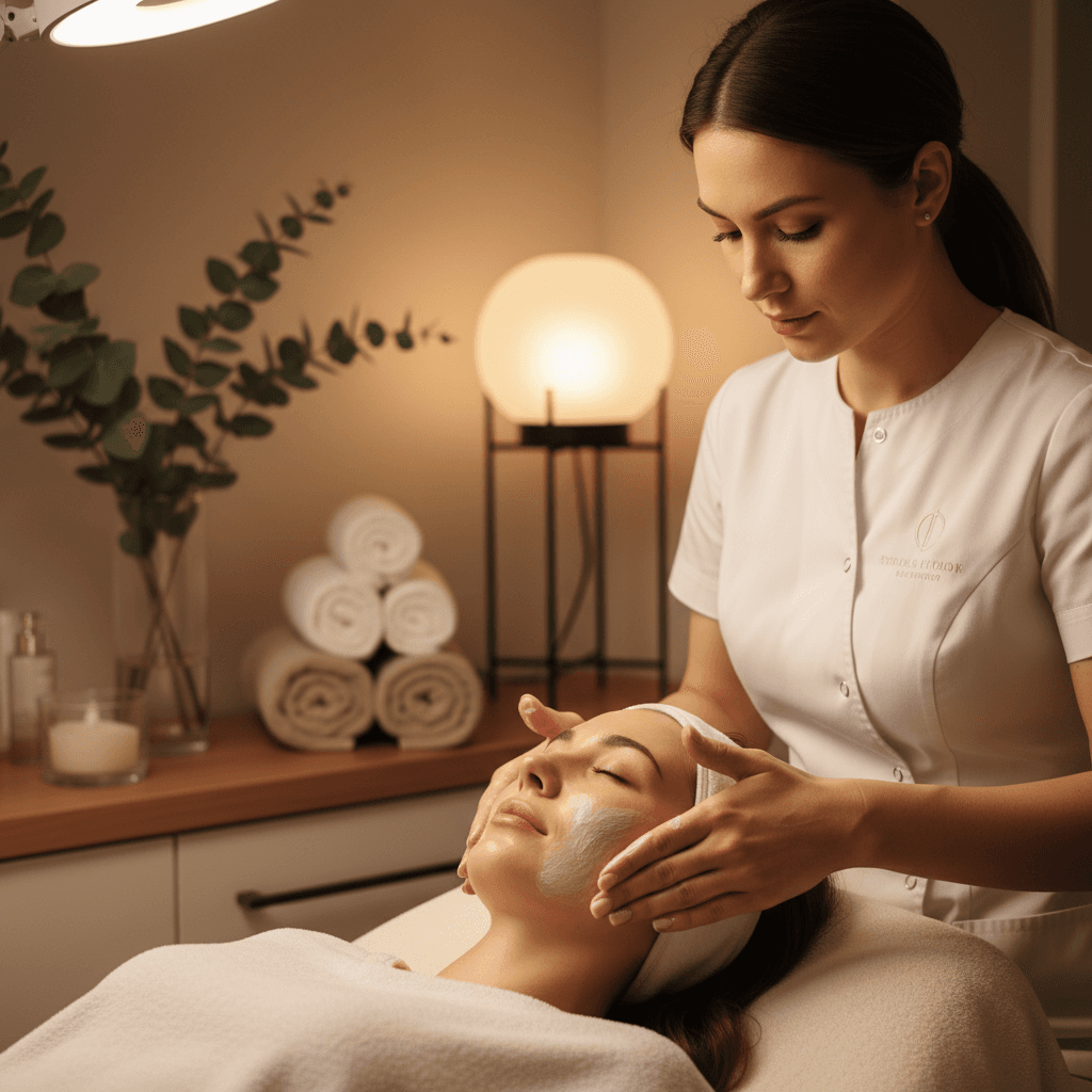 Spa professional performing facial treatment in calm wellness environment