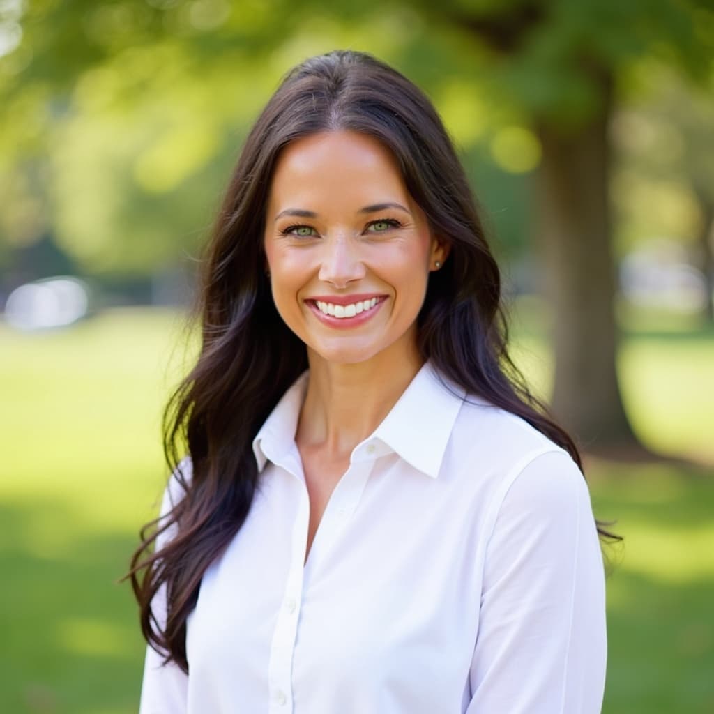 Smiling woman with long dark hair and green eyes wearing a white shirt outdoors.